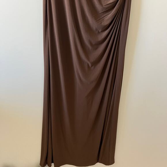 LA Femme Brown Taupe Cocoa Ruched Stretch Jersey Column Gown Womens 14 - Picture 5 of 15